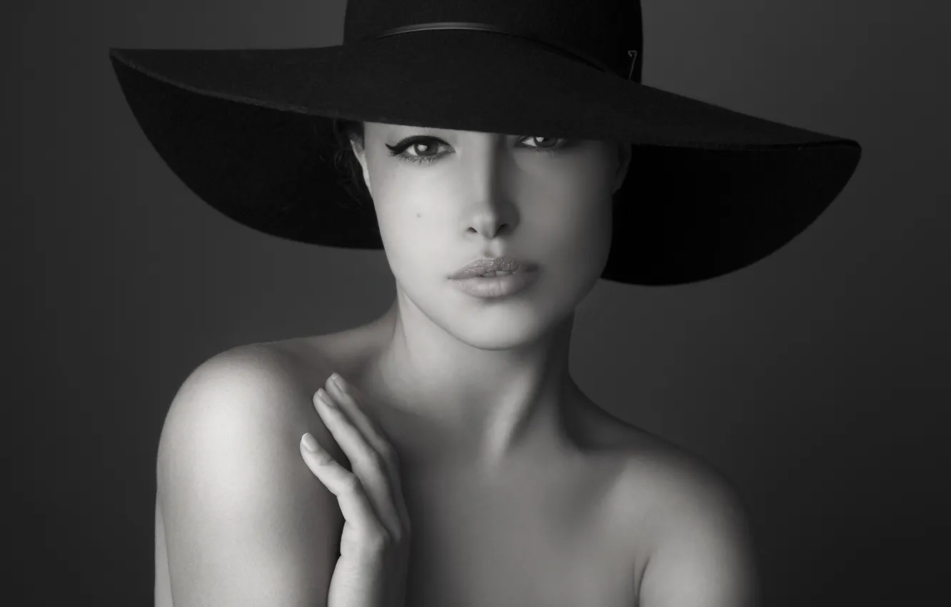 Photo wallpaper white, black, hat, model, look