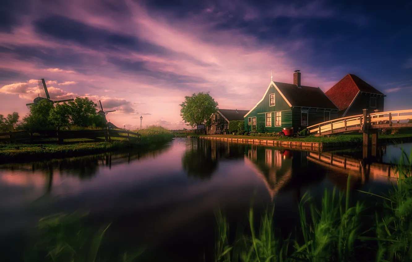 Photo wallpaper home, mill, channel, Netherlands, the bridge, Holland, Zaanse Schans