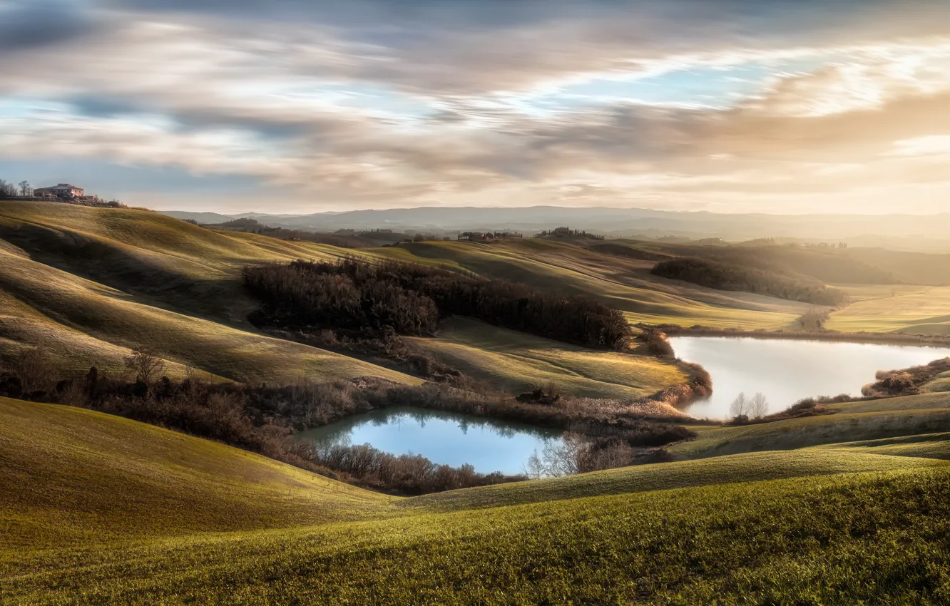 Photo wallpaper field, lake, hills, slope, Italy, Tuscany