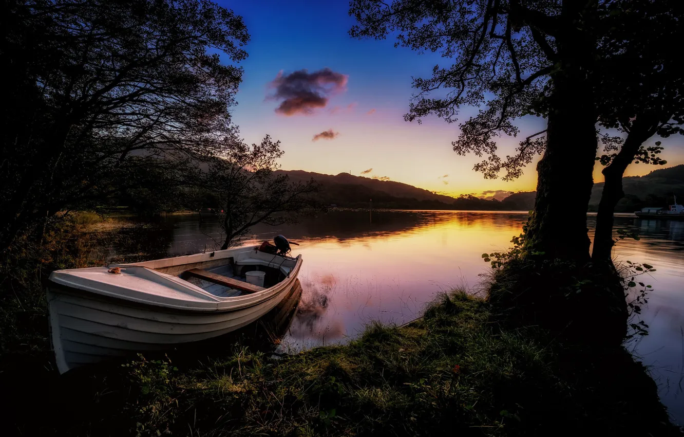 Photo wallpaper landscape, sunset, nature, lake, boat, Scotland, Loch Shiel, Samuel Hess