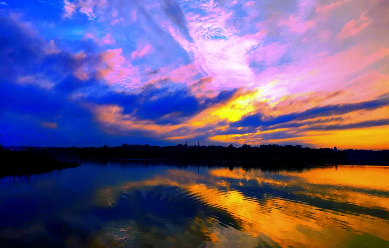 Photo wallpaper sky, trees, water, lake, morning, sun, sunrise, dawn
