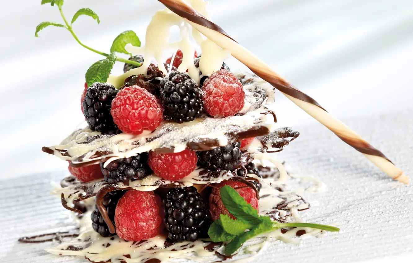 Photo wallpaper raspberry, chocolate, mint, dessert, BlackBerry, sweet