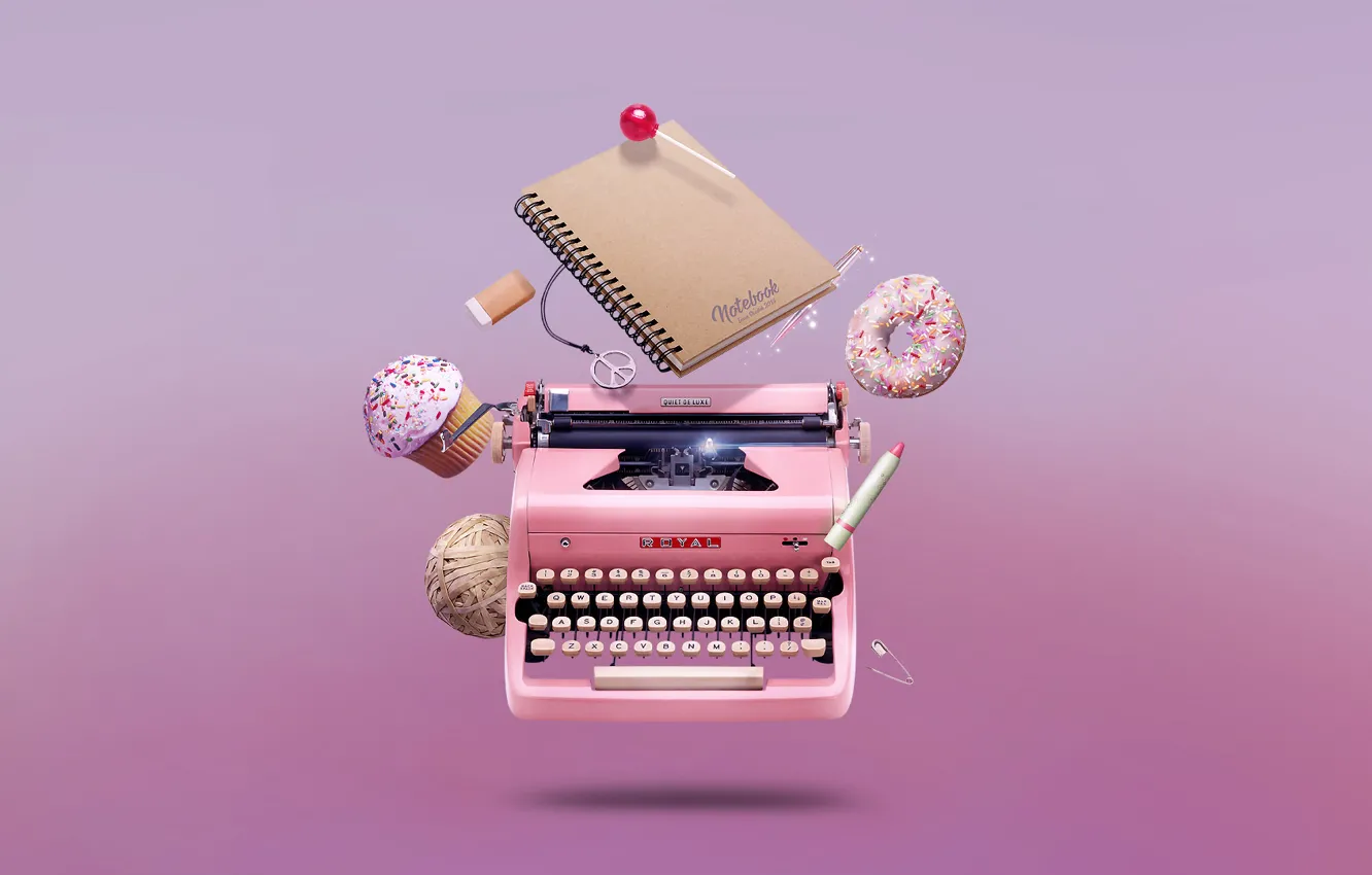 Photo wallpaper handle, typewriter, candy, donut, notebook, notebook, cupcake, cupcake