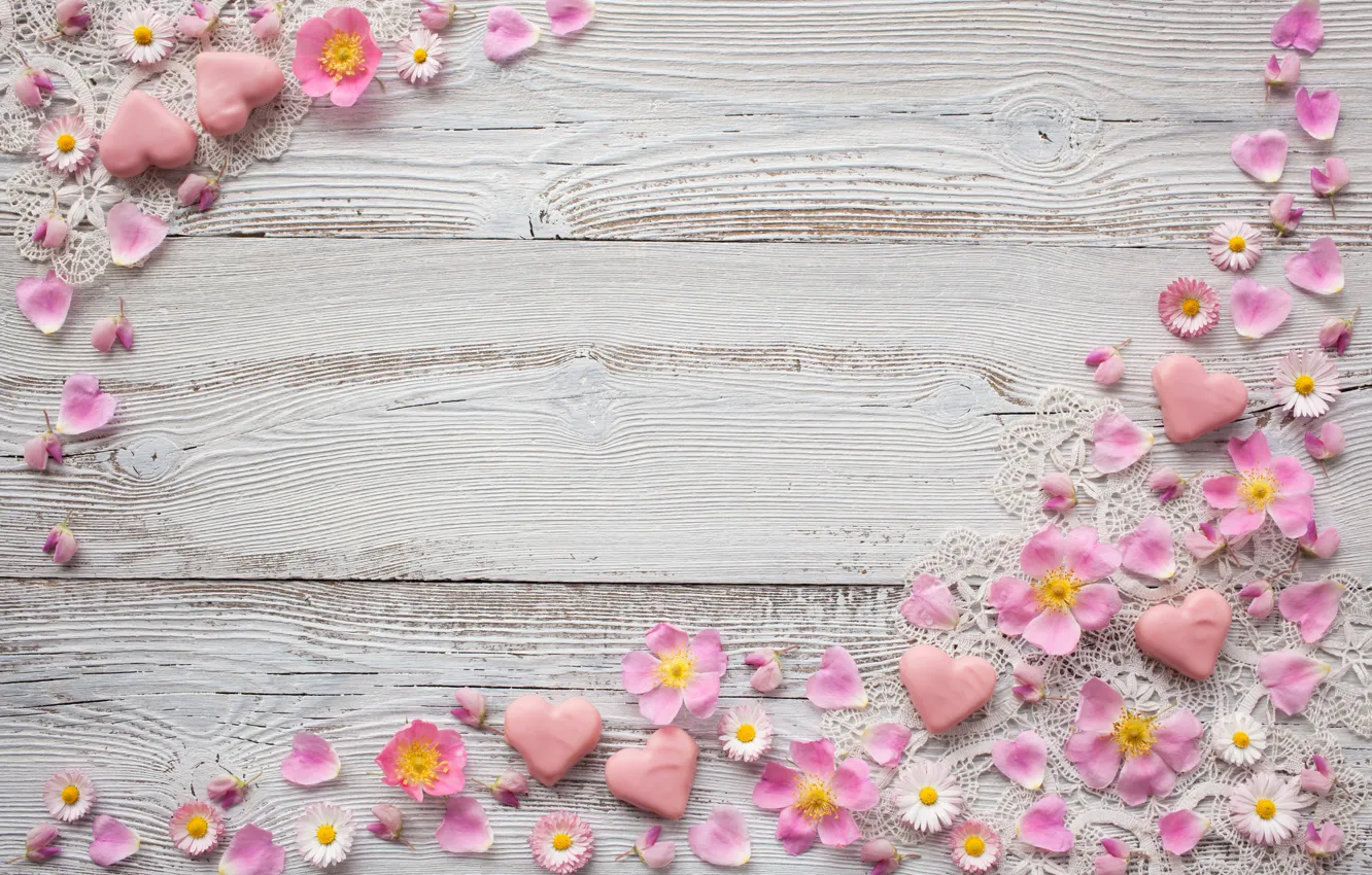 Photo wallpaper flowers, chamomile, petals, hearts, heart, pink, decor, decoration