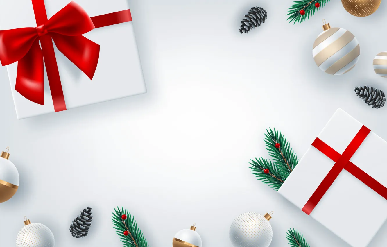 Photo wallpaper balls, branches, photo, gift, new year, bow, bumps, vector graphics