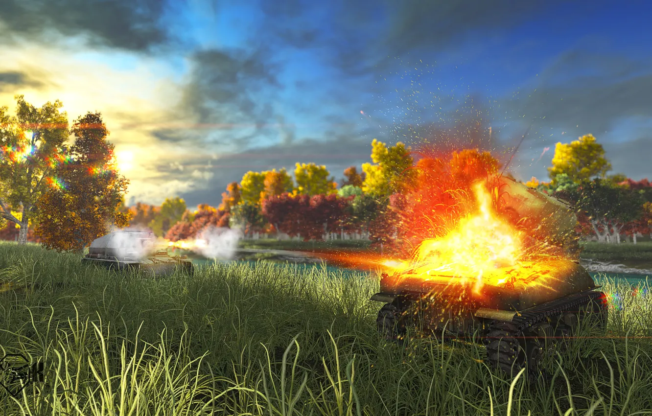 Photo wallpaper field, the explosion, shot, art, tank, WoT, Sherman, World of Tanks