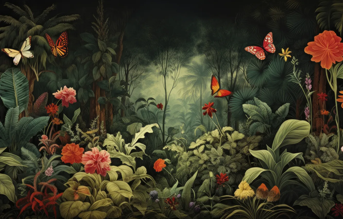 Photo wallpaper forest, summer, leaves, flowers, tropics, thickets, butterfly, plant