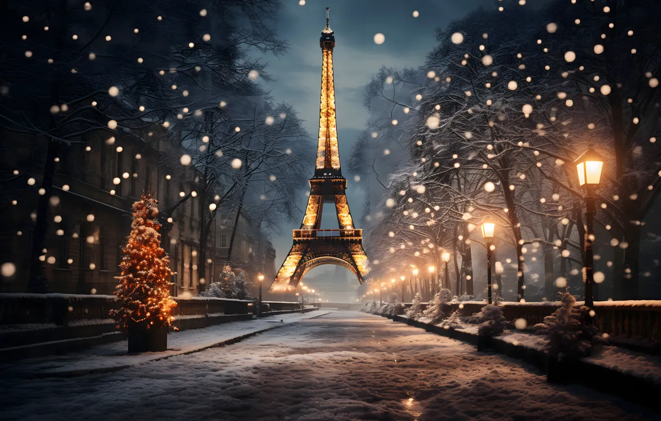 Photo wallpaper winter, snow, decoration, night, city, the city, lights, lights