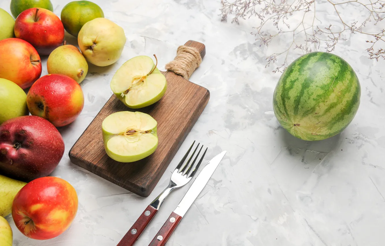 Photo wallpaper apples, watermelon, fruit, different, quince, tangerines