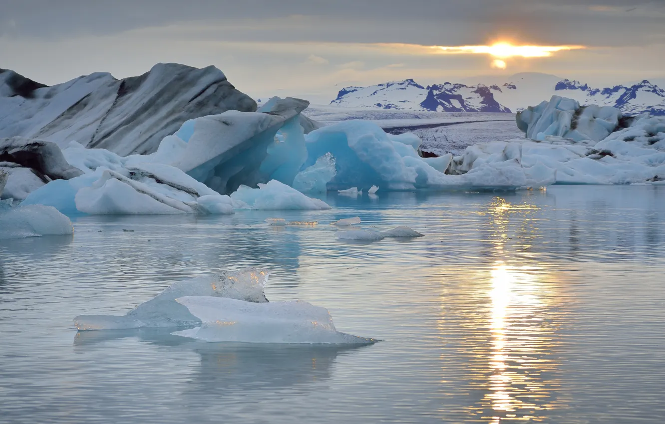 Photo wallpaper ice, sea, snow, sunset, mountains, reflection, mirror, Arctic