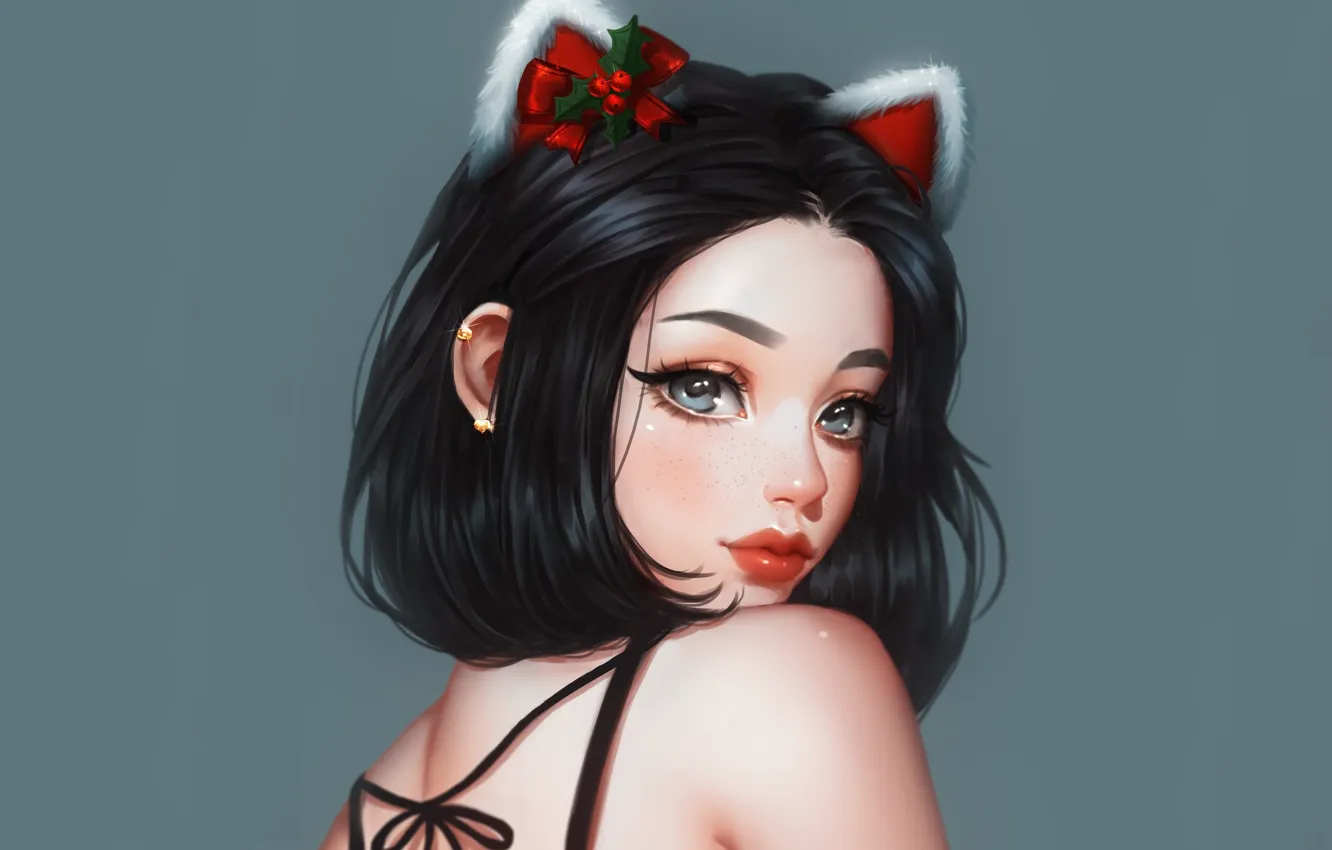 Photo wallpaper look, girl, face, background, back, art, Christmas, ears