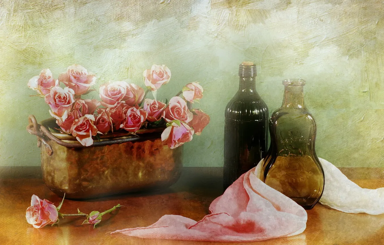 Photo wallpaper flowers, bottle, still life