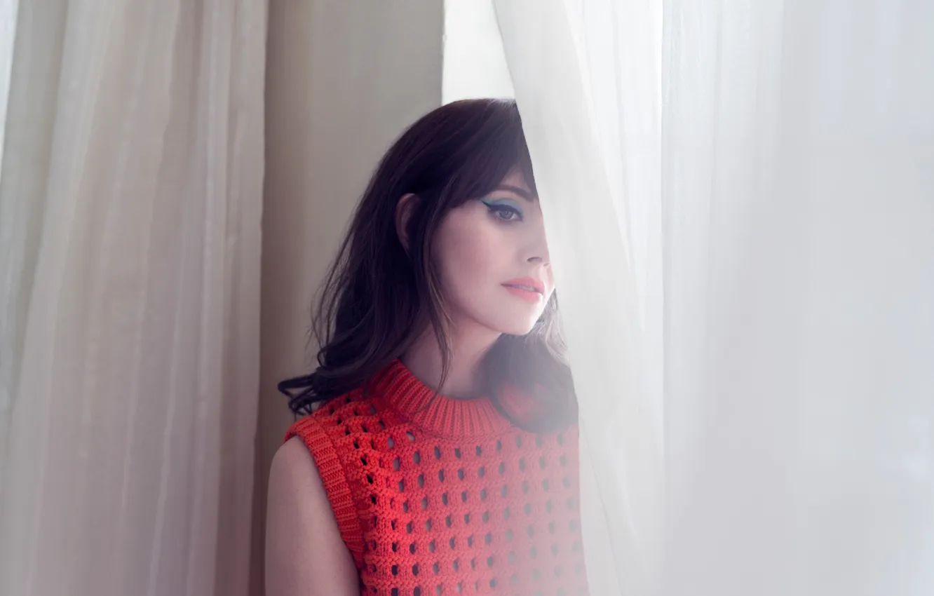 Photo wallpaper model, actress, brunette, hairstyle, curtains, photoshoot, jumper, Alison Brie