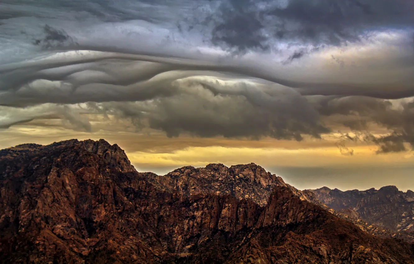 Photo wallpaper the storm, mountains, gray clouds