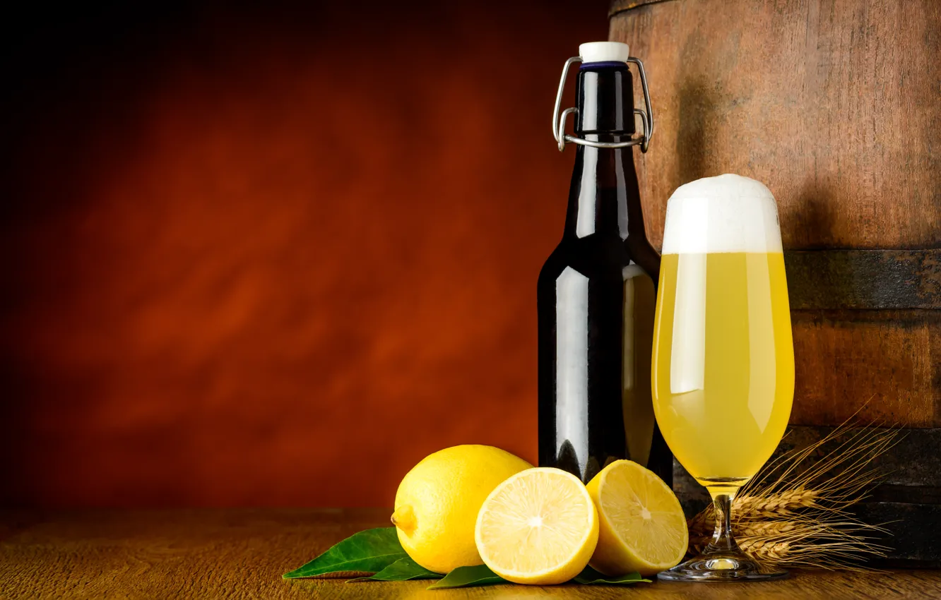 Photo wallpaper glass, bottle, beer, yellow, spikelets, juice, fruit, barrel