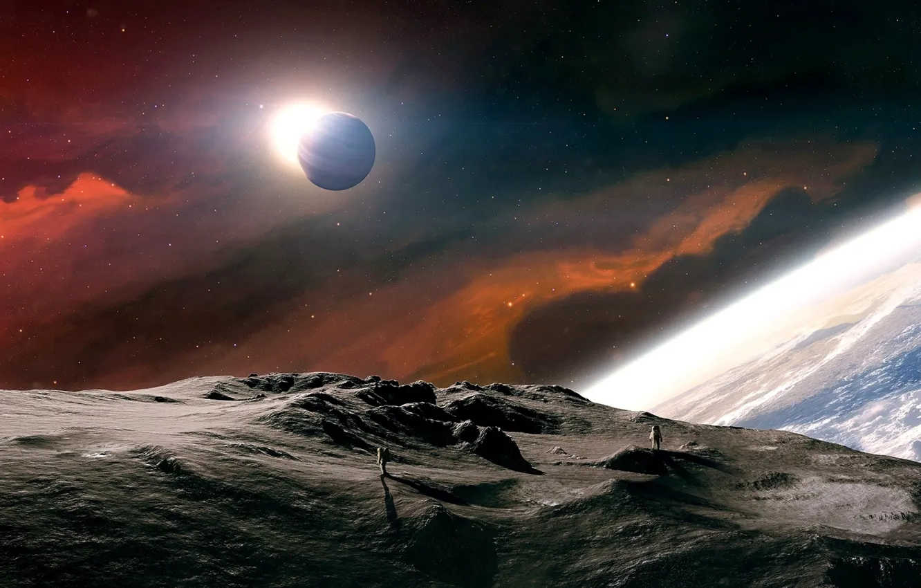 Photo wallpaper cosmos, planet, satellite, Cosmonaut