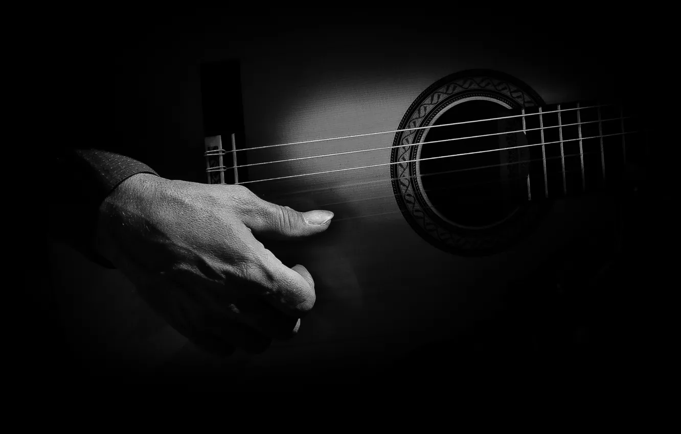 Photo wallpaper darkness, guitar, hand, strings, player