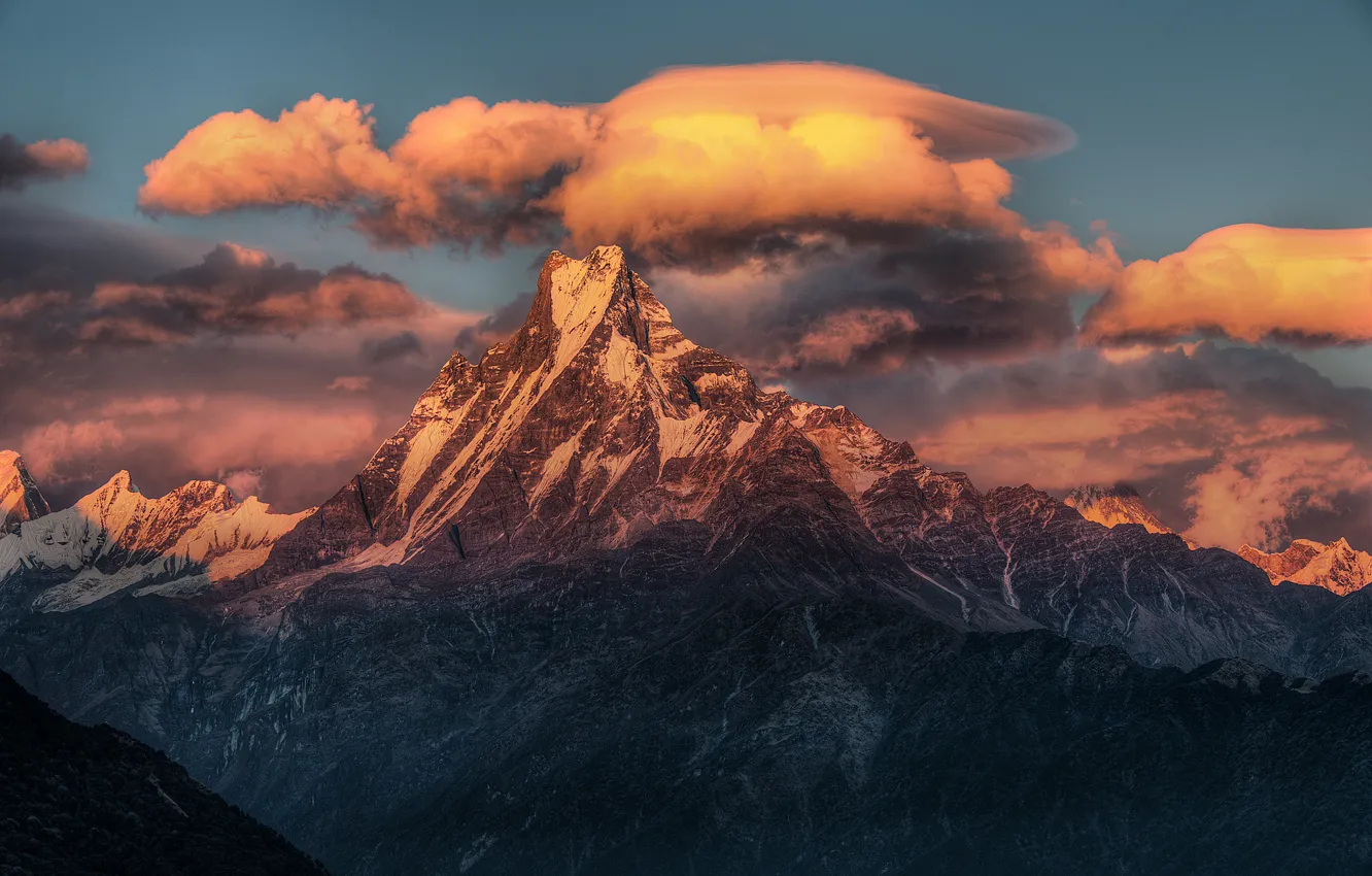 Photo wallpaper clouds, snow, sunset, mountains, top, peak, Nepal, ridge
