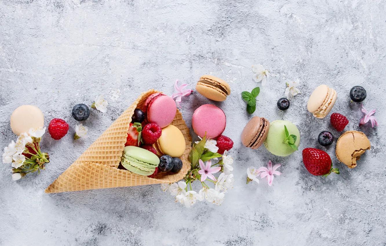 Photo wallpaper berries, colorful, strawberry, fruit, strawberry, berries, macaroons, macaron