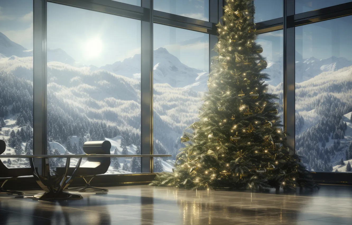 Photo wallpaper room, furniture, new year, interior, window, Christmas, hall, living room