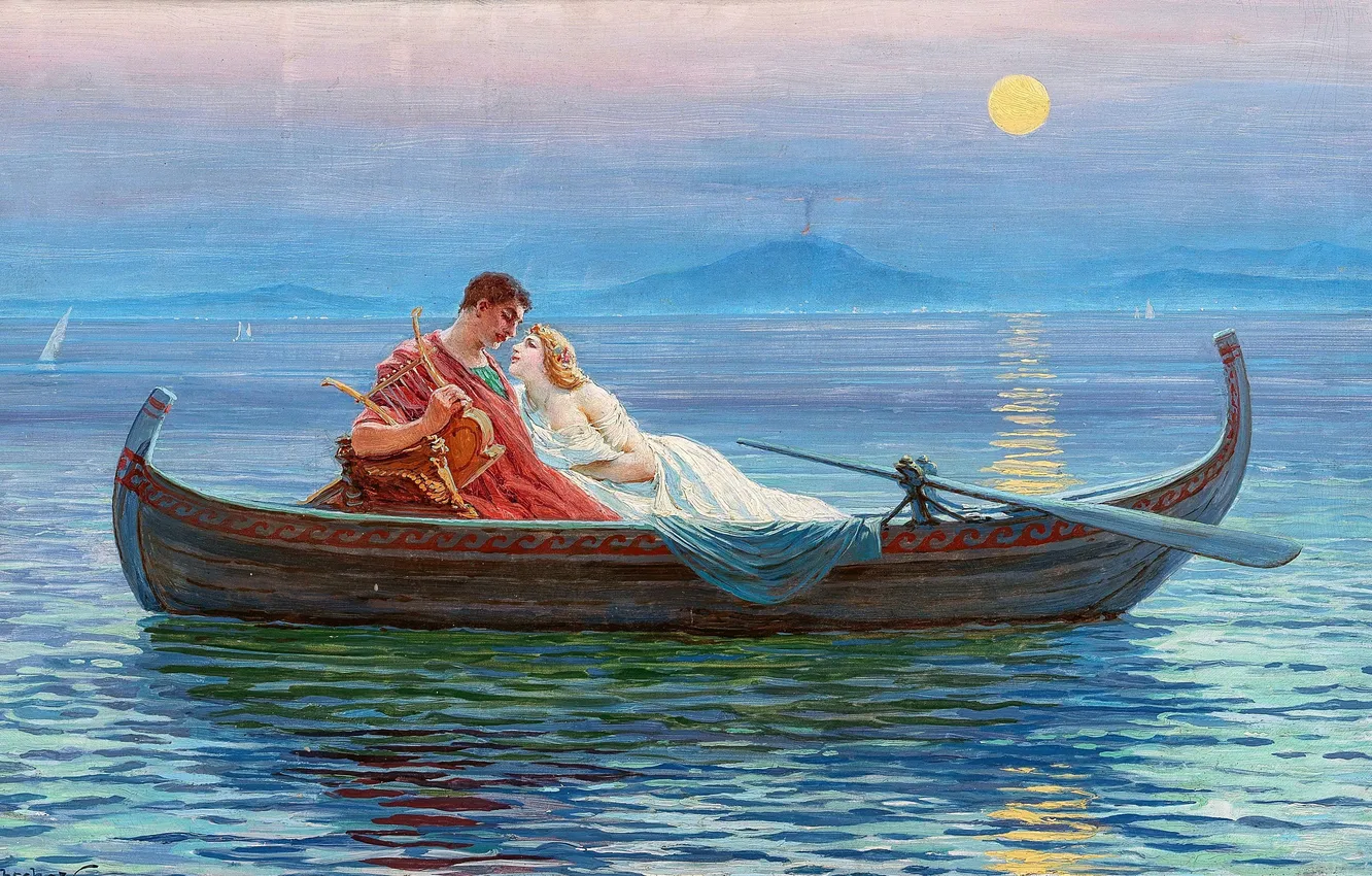 Photo wallpaper sea, girl, love, the moon, picture, the evening, male, two