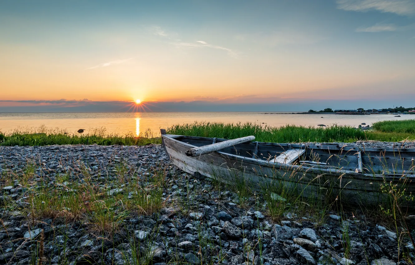 Photo wallpaper the sun, sunset, stones, dawn, shore, boat, pond