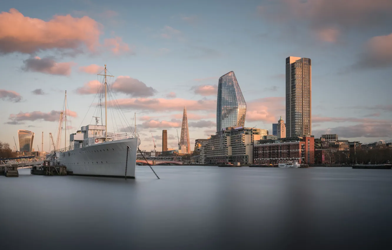 Photo wallpaper Sunset, London, Thames, Ship, Big Stopper