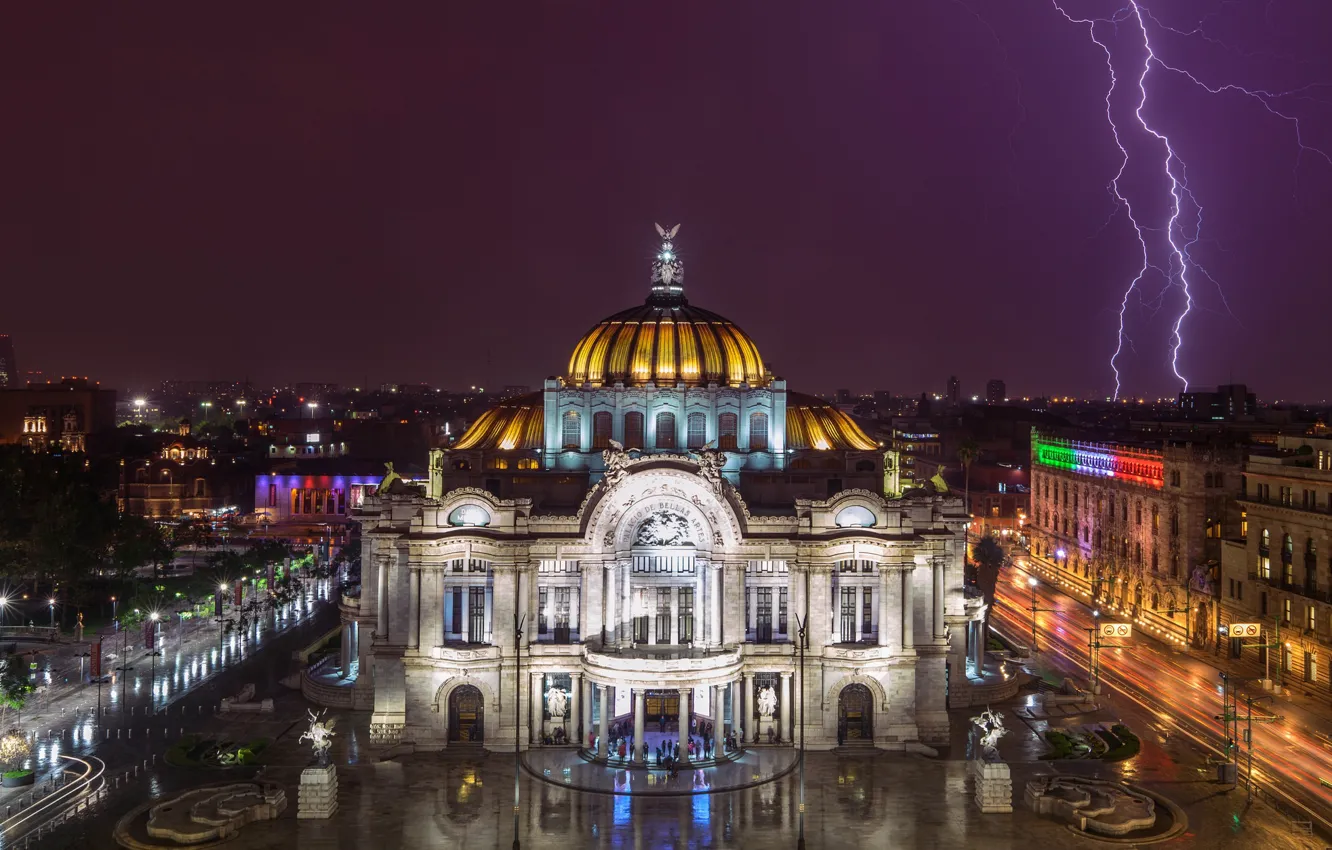 Photo wallpaper lights, Mexico, lightning, night, people, Mexico City, Palace of Fine Arts
