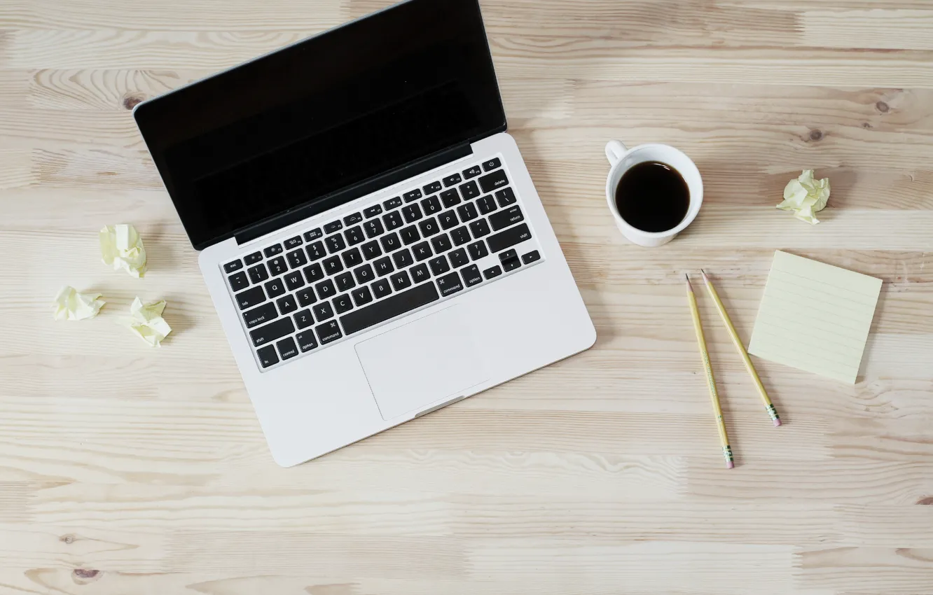 Photo wallpaper computer, white, paper, table, coffee, modern, pencils, flooring