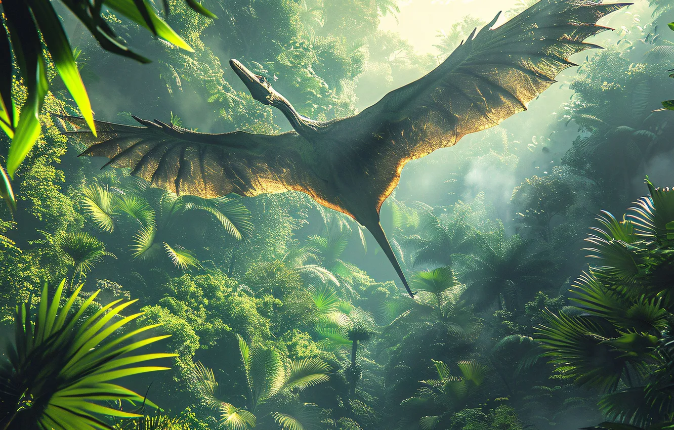 Photo wallpaper trees, flight, animal, wings, dinosaur, pterodactyl, digital art, Ancient animals