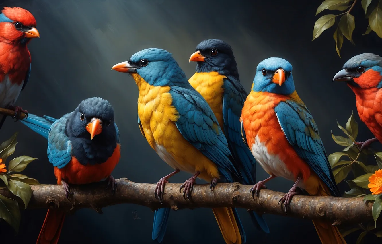 Photo wallpaper flowers, branches, bird