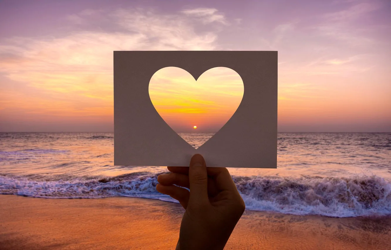 Photo wallpaper sea, sunset, heart, card