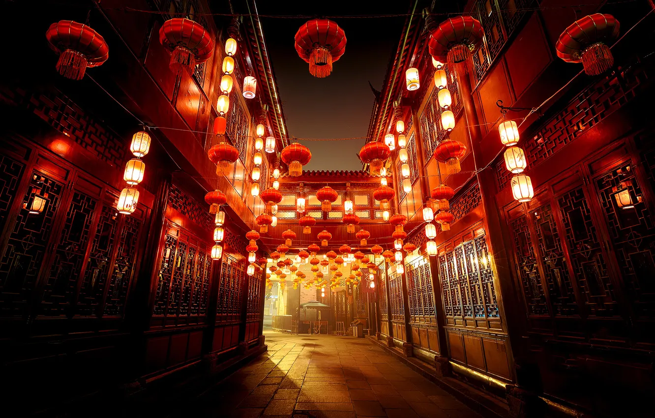 Photo wallpaper night, balls, street, lights, Chinese