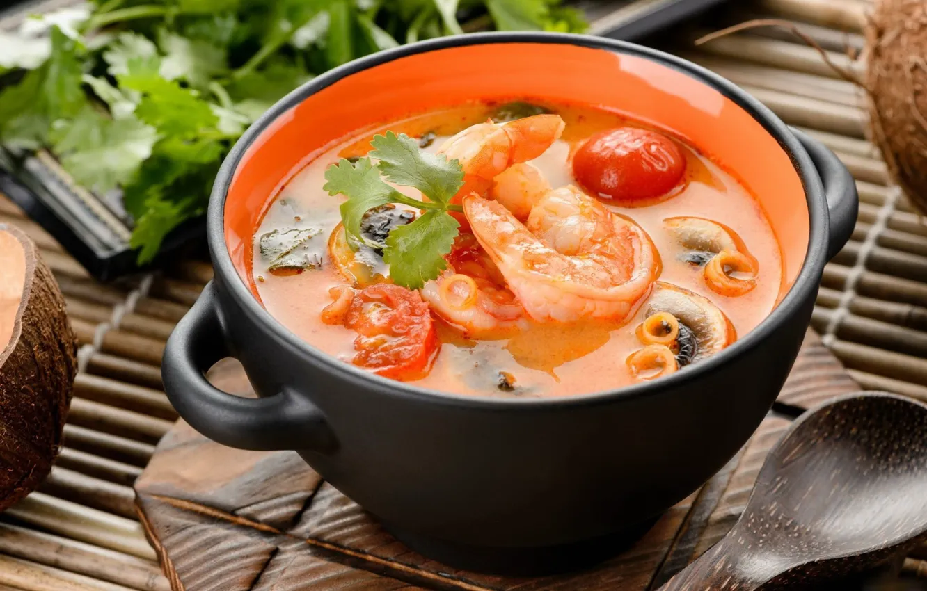 Photo wallpaper soup, tomatoes, shrimp, seafood