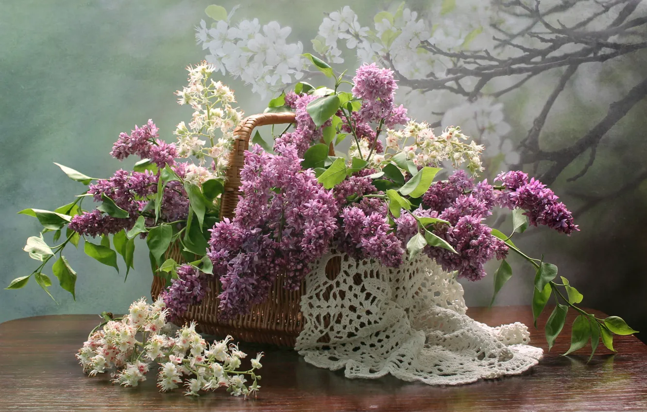 Photo wallpaper flowers, basket, spring, may, still life, lilac, chestnut, composition