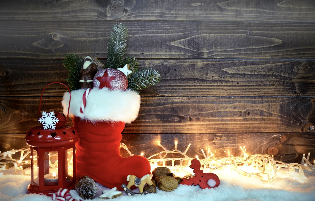 Photo wallpaper snow, New Year, Christmas, merry christmas, decoration, boot, xmas, lantern