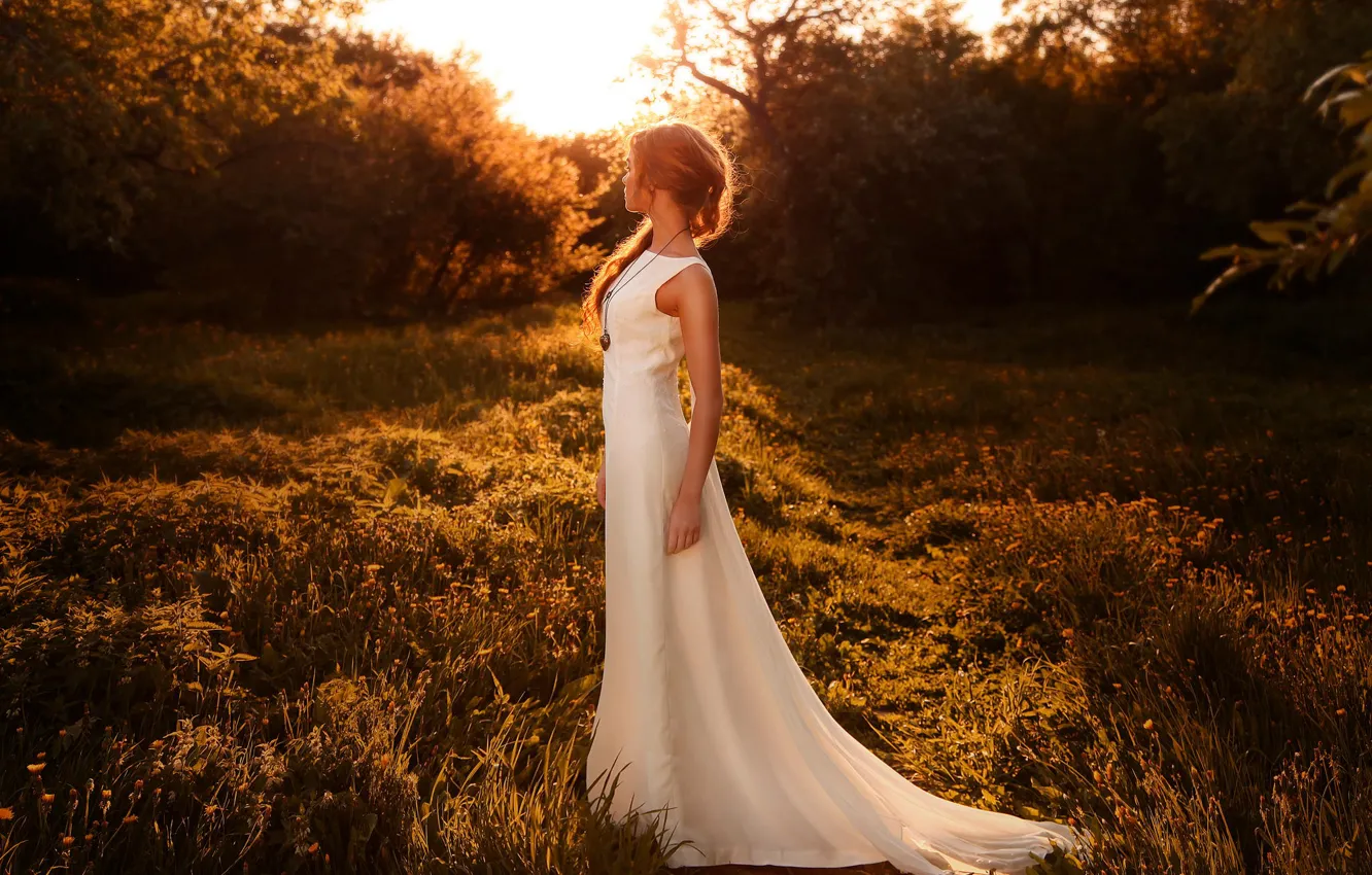 Photo wallpaper girl, sunset, figure, dress, sunlight