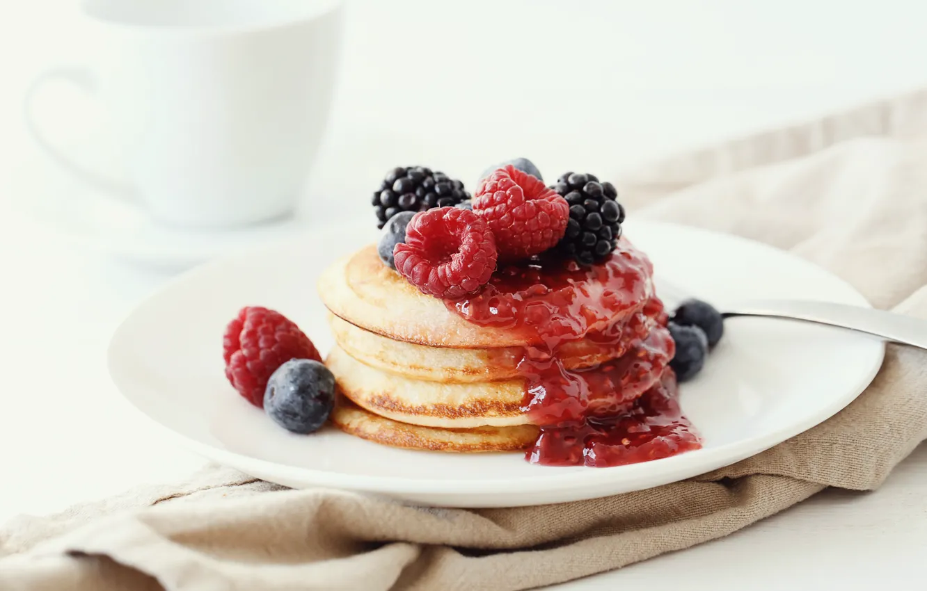 Photo wallpaper berries, raspberry, Breakfast, plate, BlackBerry, jam, blueberries, pancakes