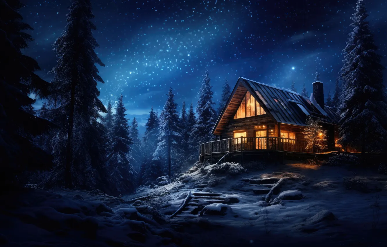 Photo wallpaper winter, forest, snow, mountains, night, nature, house, house