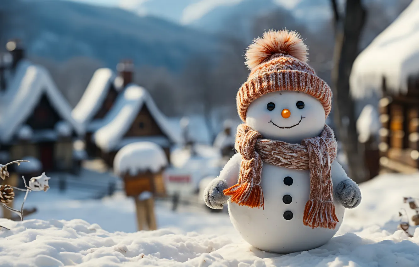 Photo wallpaper winter, snow, new year, Christmas, snowman, Christmas, winter, snow