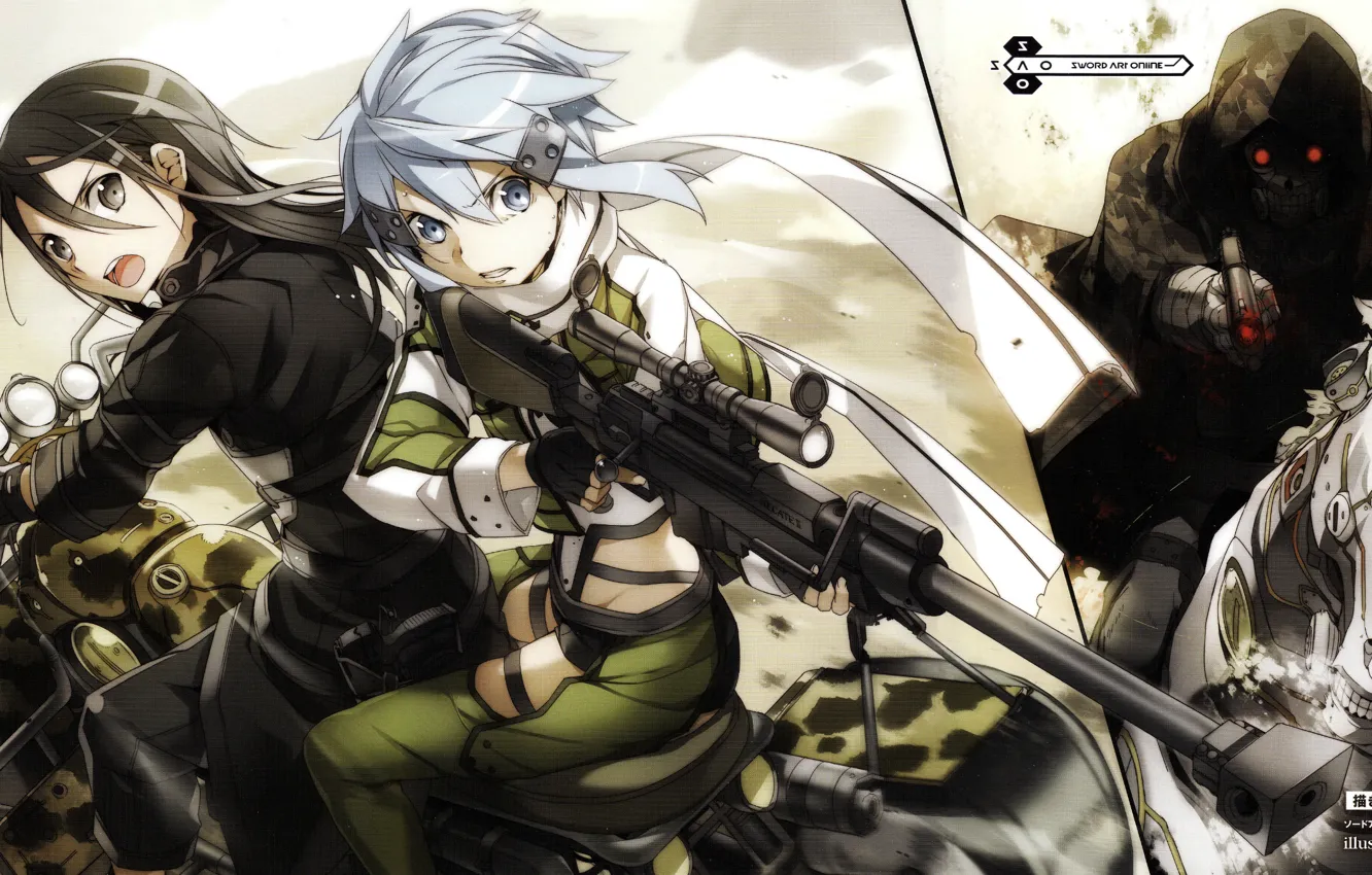 Photo wallpaper horse, chase, hood, motorcycle, red eyes, rifle, blue hair, art