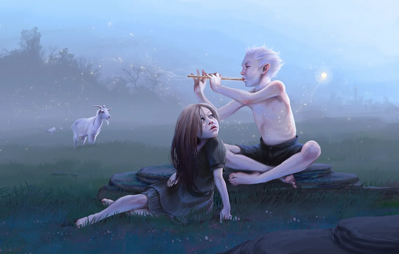 Photo wallpaper the moon, elf, meadow, art, goat, the pipe