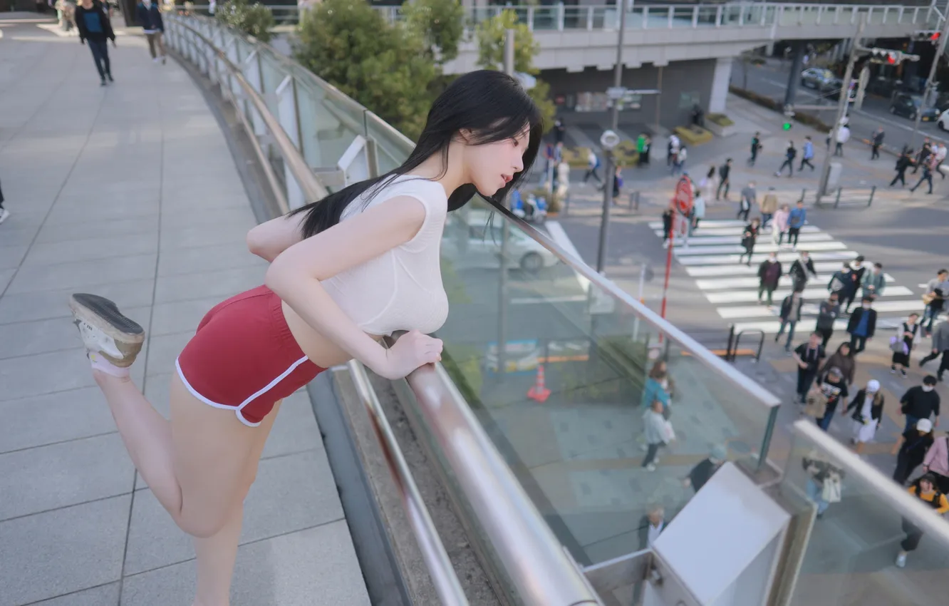 Photo wallpaper Asian, long hair, model, women, black hair, no bra, Korean, railing