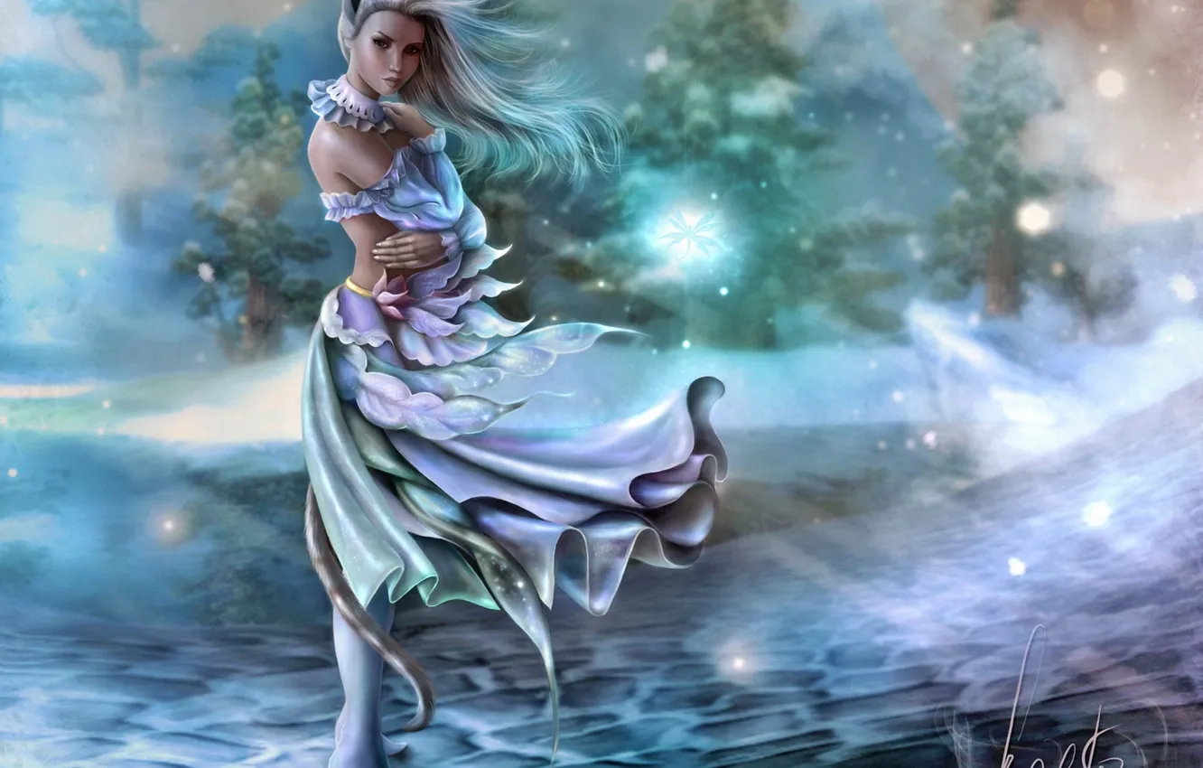 Photo wallpaper girl, the wind, fantasy, art, tail, ears
