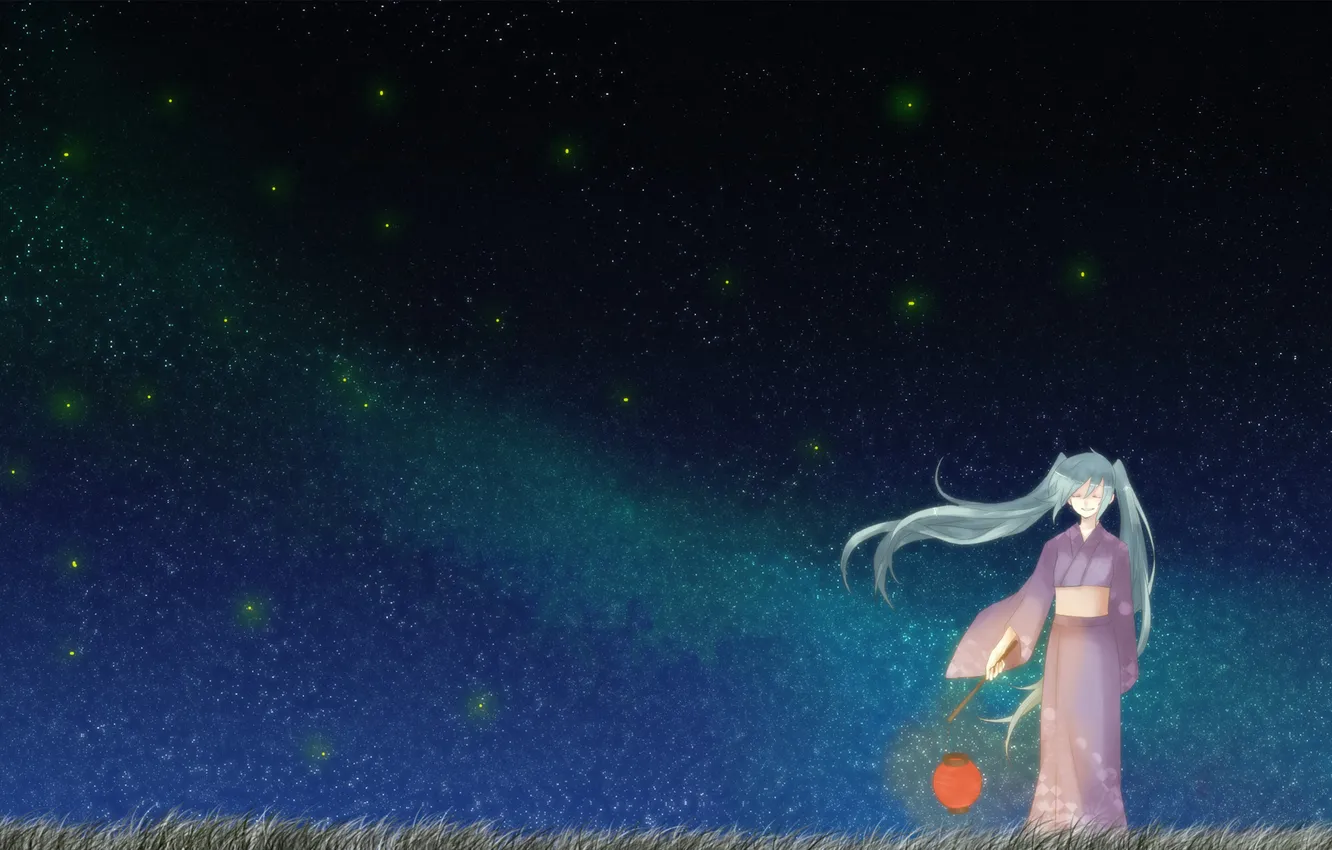 Photo wallpaper the sky, girl, stars, night, art, lights, kimono, vocaloid