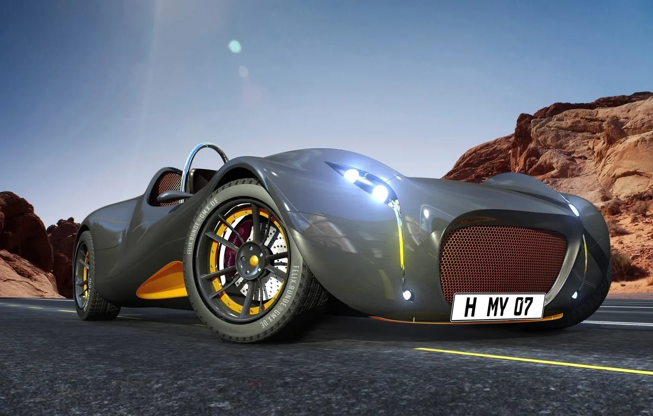 Photo wallpaper road, machine, auto, grey, hills