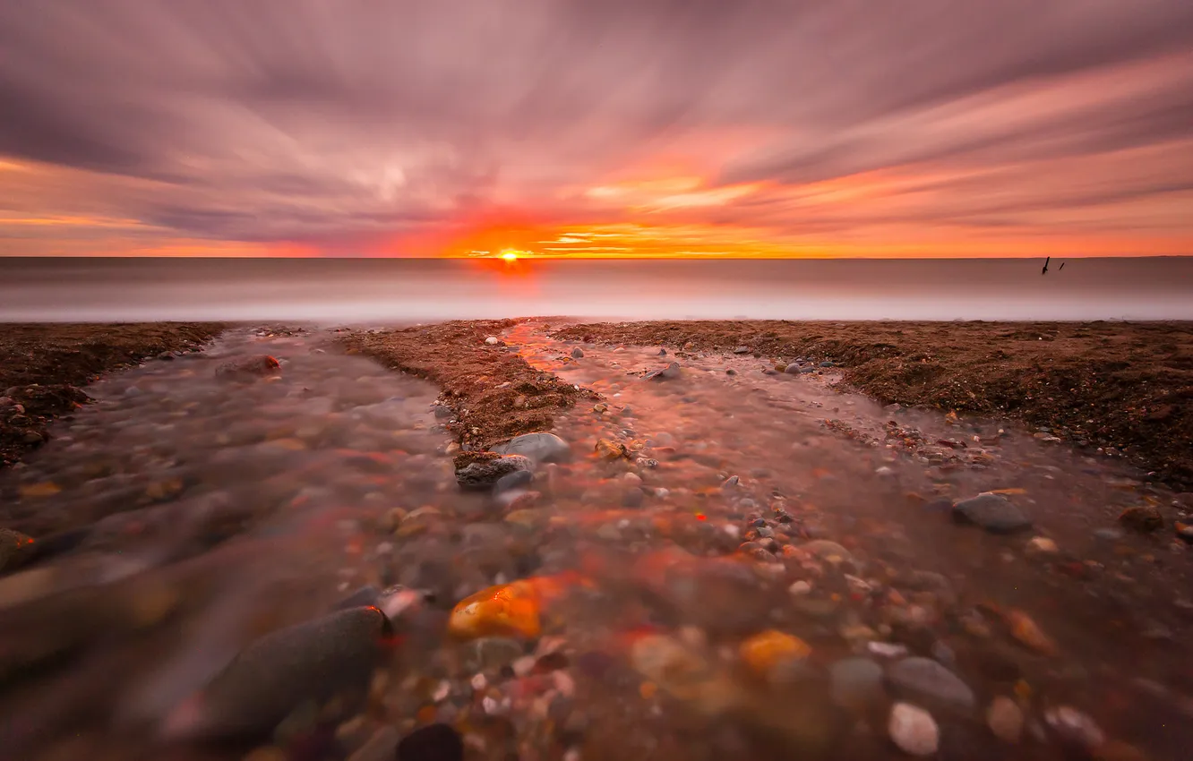 Photo wallpaper sea, the sky, clouds, sunset, stones, shore, horizon