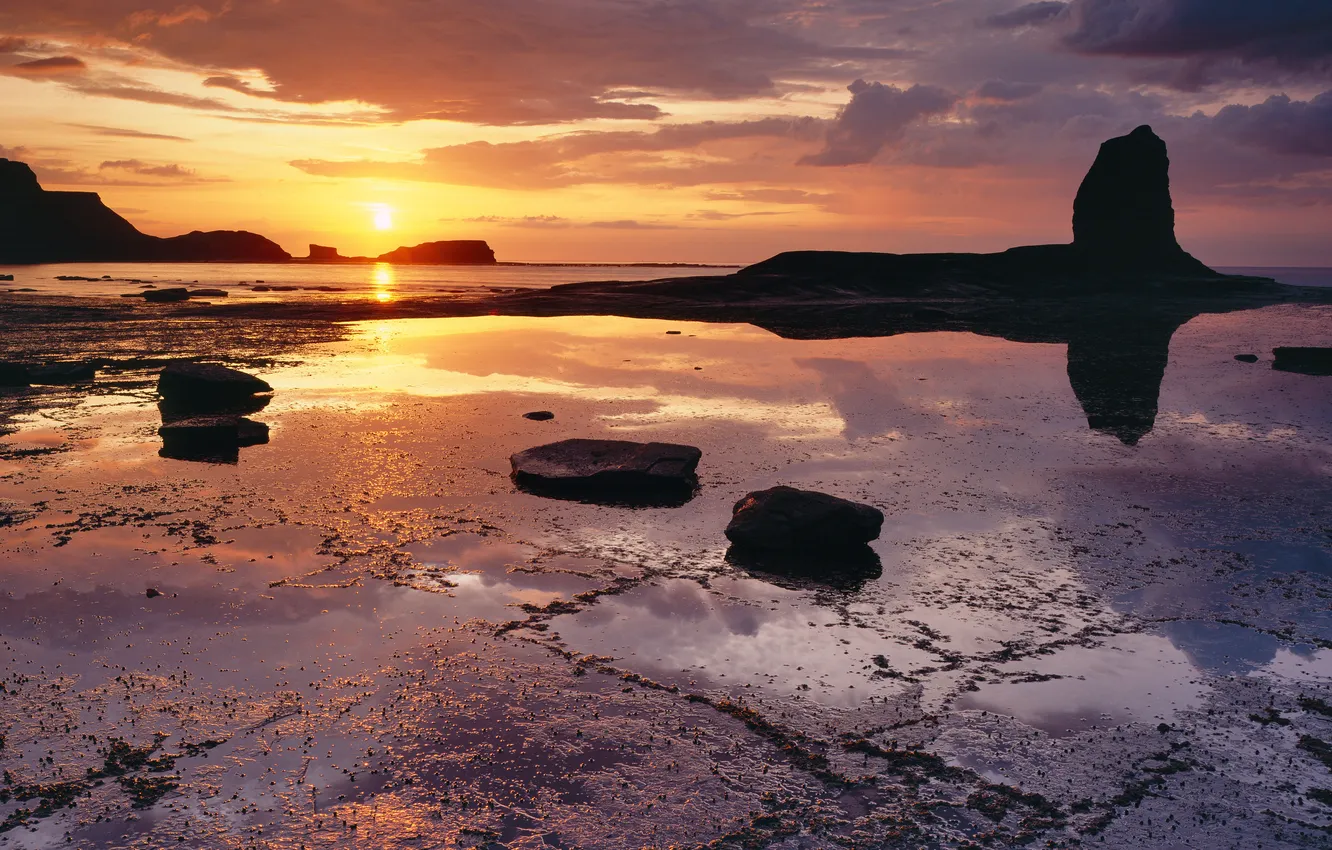 Photo wallpaper the sky, sunset, reflection, stones, the ocean, rocks, coast, horizon