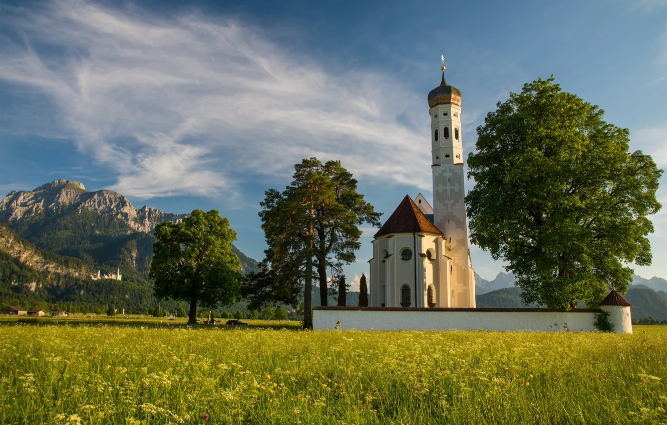 Photo wallpaper trees, mountains, Germany, Bayern, Alps, meadow, Church, Germany