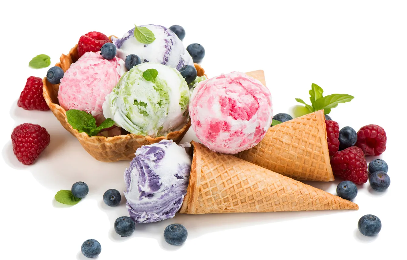 Photo wallpaper berries, raspberry, blueberries, ice cream, horn, blueberry, raspberry, ice cream